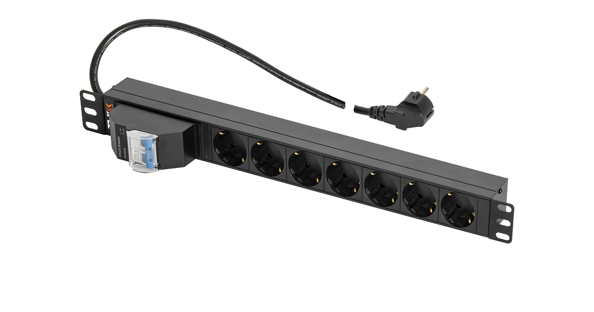 Все TLK RSC07-MD-04-BK Блок электрических розеток 19" 7 гнезд Schuko, автомат 16 A, горизонтальный видеонаблюдения в магазине Vidos Group